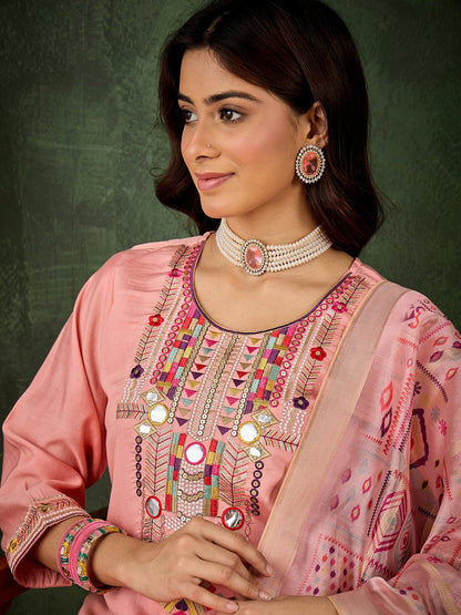 Dhiyona VV Nidhi Women's Embroidered Pink Silk Blend Straight Suit Set with Dupatta