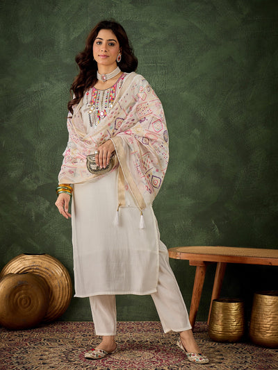 Indyancart VV Vasanti Women's Embroidered White Silk Blend Straight Suit Set with Dupatta