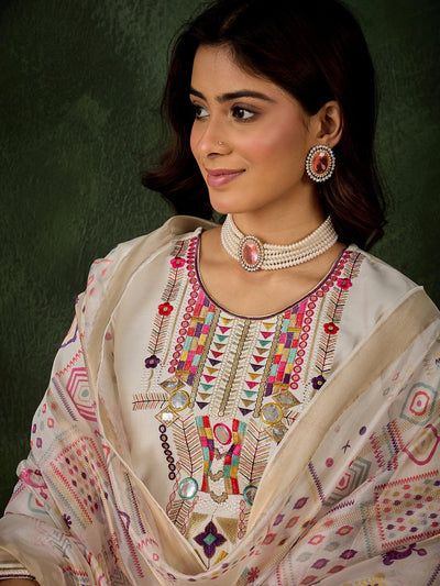 Indyancart VV Vasanti Women's Embroidered White Silk Blend Straight Suit Set with Dupatta