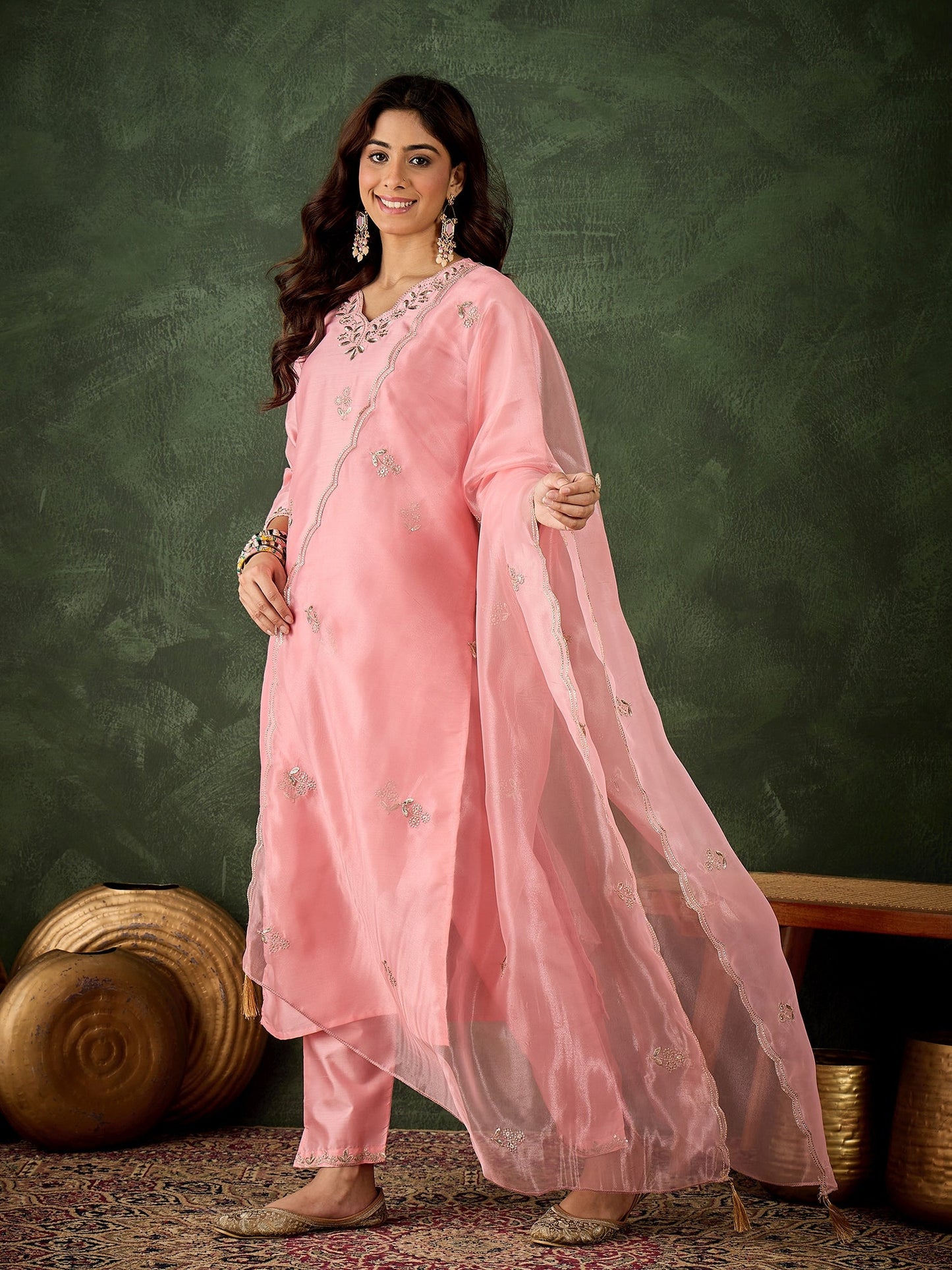 Dhiyona VV Mokosh Women Kurta and Pant Dupatta Sets Silk Blend Fabrics with Embroidery