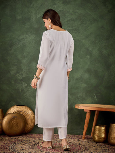 Indyancart VV Dhanu Women's Silk Blend Embroidered Straight Kurta & Pant Set