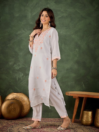 Indyancart VV Dhanu Women's Silk Blend Embroidered Straight Kurta & Pant Set