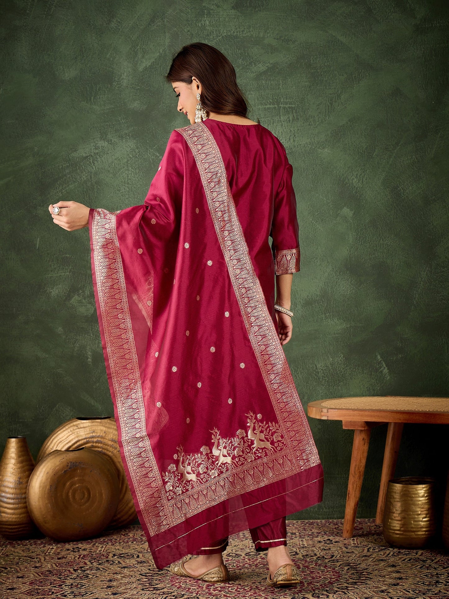 Dhiyona VV Roop Women's Silk Blend Banarasi Jacquard Zari Woven Straight Kurta Pant with Dupatta Set