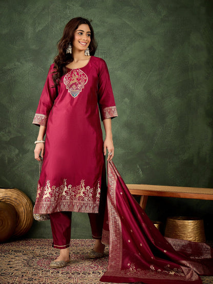 Dhiyona VV Roop Women's Silk Blend Banarasi Jacquard Zari Woven Straight Kurta Pant with Dupatta Set
