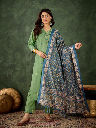 Indyancart VV Mamata Women's Embroidered Cotton Kurta Pant Set with Dupatta