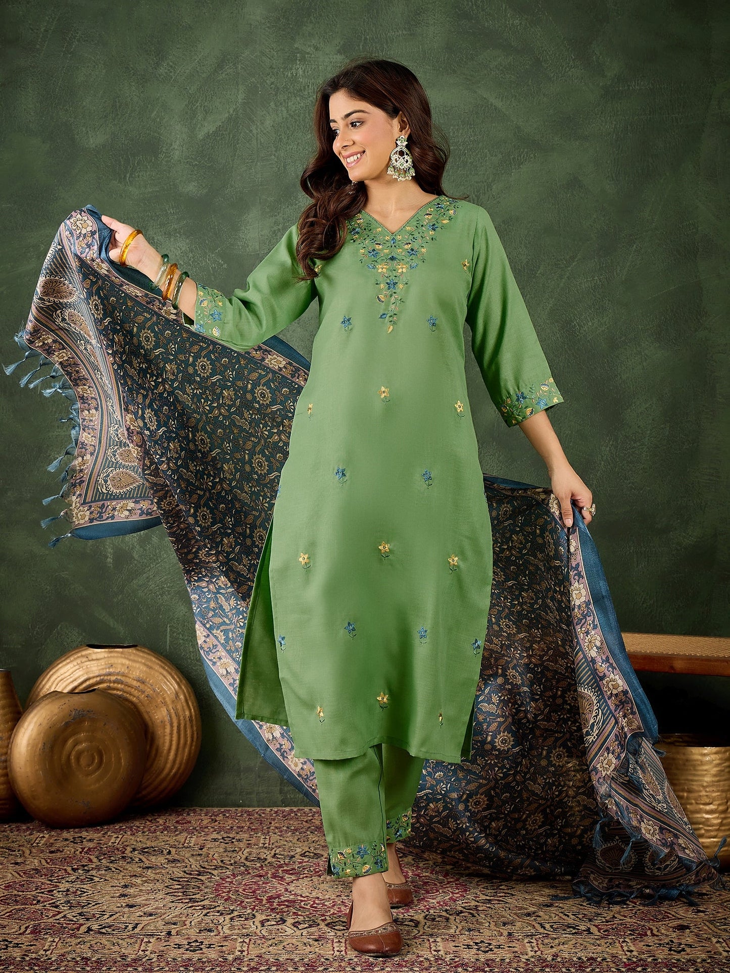 Dhiyona VV Mamata Women's Embroidered Cotton Kurta Pant Set with Dupatta