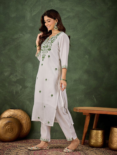 Indyancart VV Shyamarani Women's Silk Blend Embroidered Straight Kurta & Pant Set