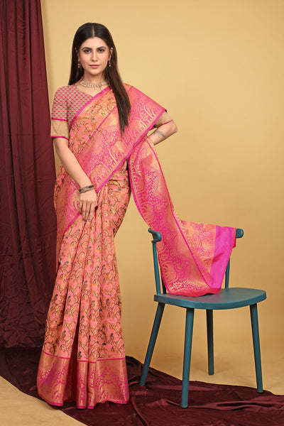 Indyancart GR Women's Pink Kalamkari Silk Saree