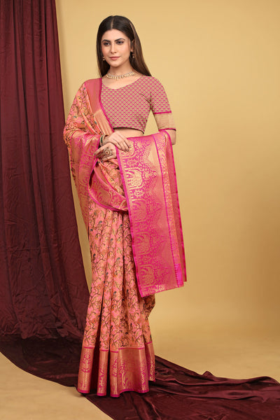Indyancart GR Women's Pink Kalamkari Silk Saree