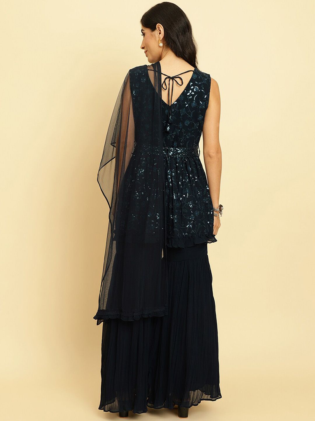 Indyancart VA Floral Embroidered Empire Sequinned Silk Georgette Kurta With Sharara & Dupatta