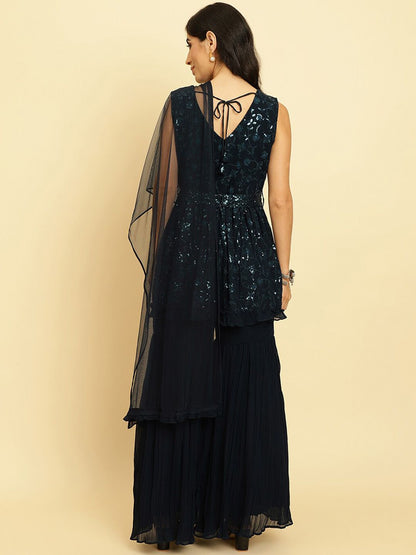Indyancart VA Floral Embroidered Empire Sequinned Silk Georgette Kurta With Sharara & Dupatta