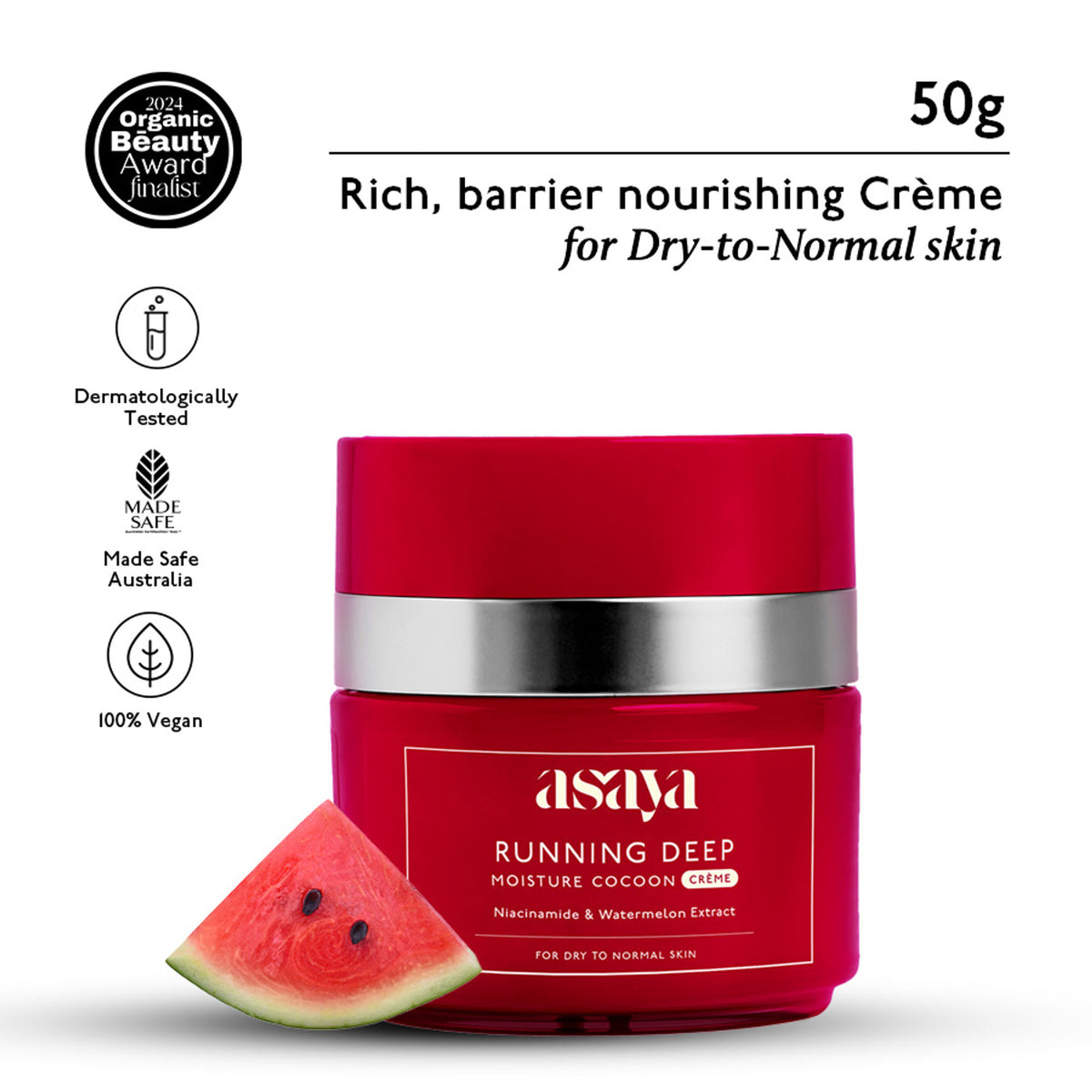 Asaya cream face moisturizer for dry skin featuring niacinamide, watermelon extract, and glycerine in a sleek jar.