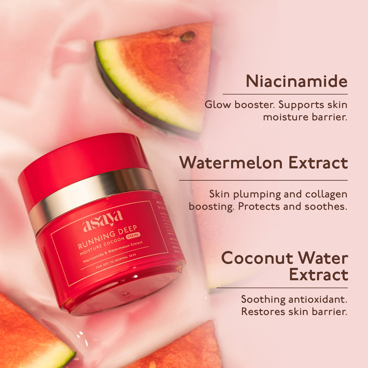 Asaya cream face moisturizer with watermelon extract, niacinamide, and glycerine for dry skin, shown in a sleek jar.