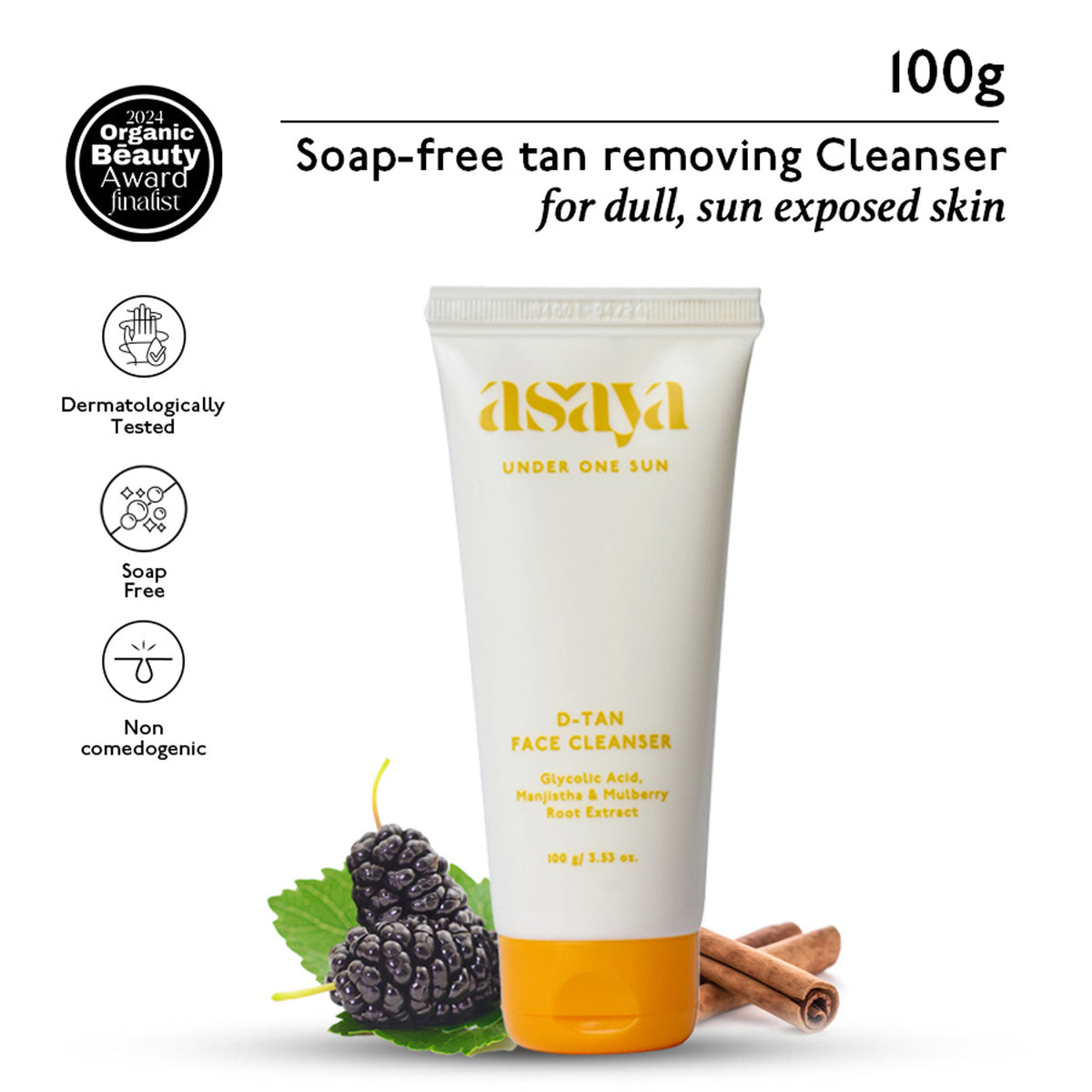 Asaya de Tan brightening face wash with manjistha and glycolic acid for instant tan removal, showing the product bottle and ingredients.