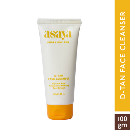 Asaya De Tan Skin Brightening Face Wash with Manjistha and Glycolic Acid for instant tan removal, shown in a clear bottle.