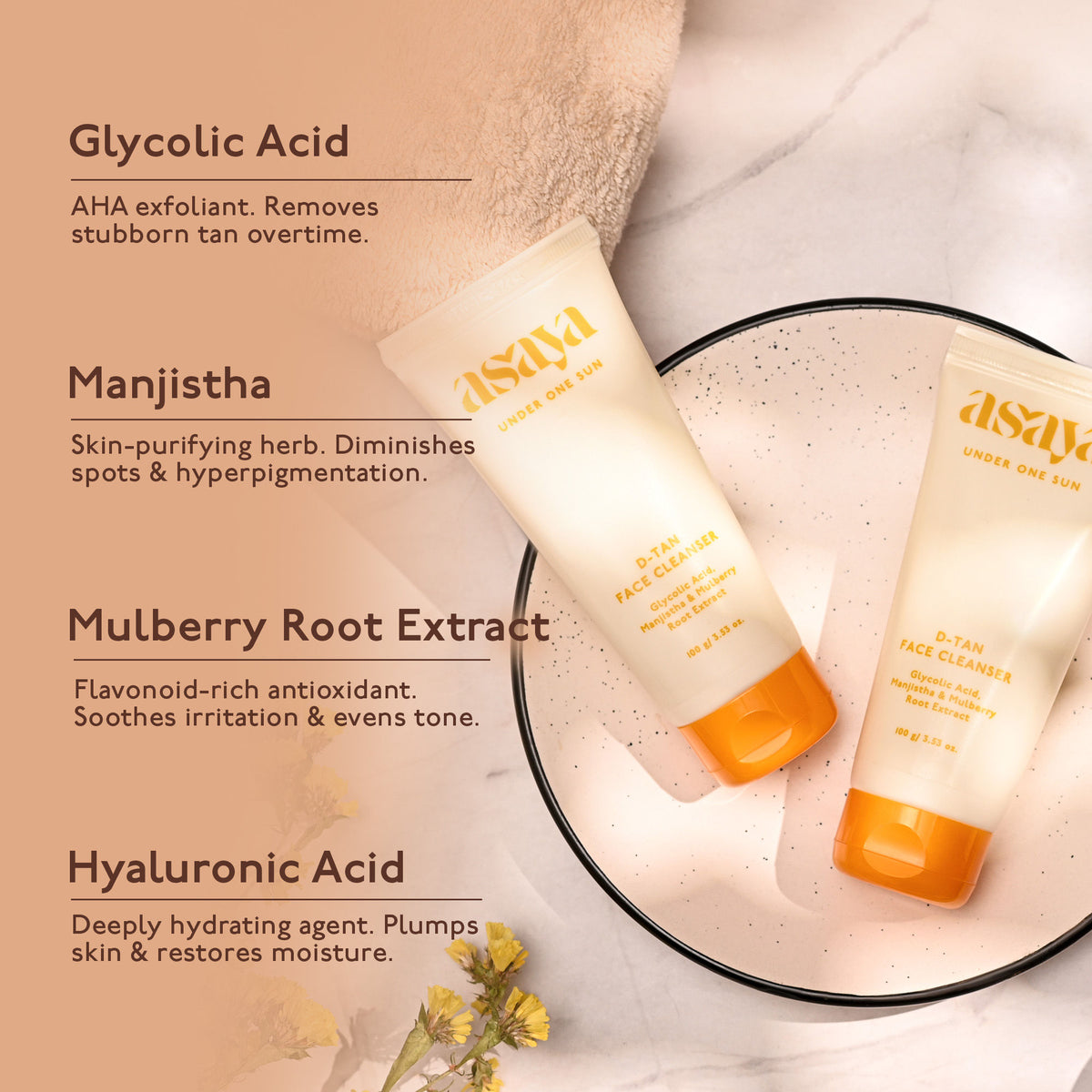 Asaya De Tan Skin Brightening Face Wash with Manjistha and Glycolic Acid for instant tan removal, visible in the image.
