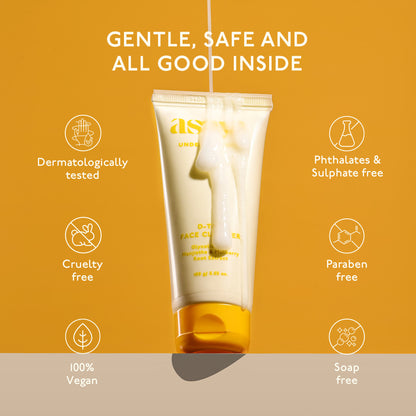 Asaya De Tan Skin Brightening Face Wash with Manjistha and Glycolic Acid for instant tan removal, showing the product bottle and ingredients.