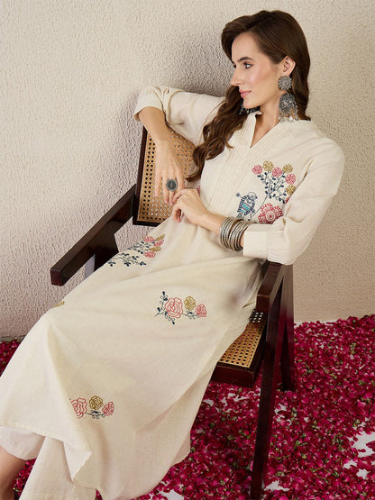 Women Floral Embroidered Thread Work Pure Cotton Kurta with Trousers