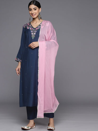 Indyancart VA Women'sFloral Yoke Design Regular Sequinned Kurta with Trousers & With Dupatta
