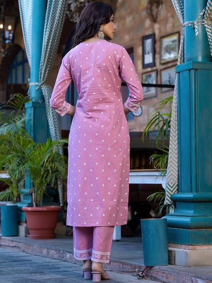 Indyancart VA Women'sFloral Printed Regular Miirror Work Pure Cotton Kurta With Trouser & Dupatta