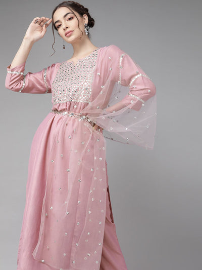 Indyancart VA Women'sRich Mauve And Silver Embroidered Kurta Set