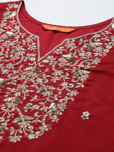 Indyancart IE Women Red Ethnic Motifs Embroidered Sequinned Liva Kurta with Trousers & Dupatta