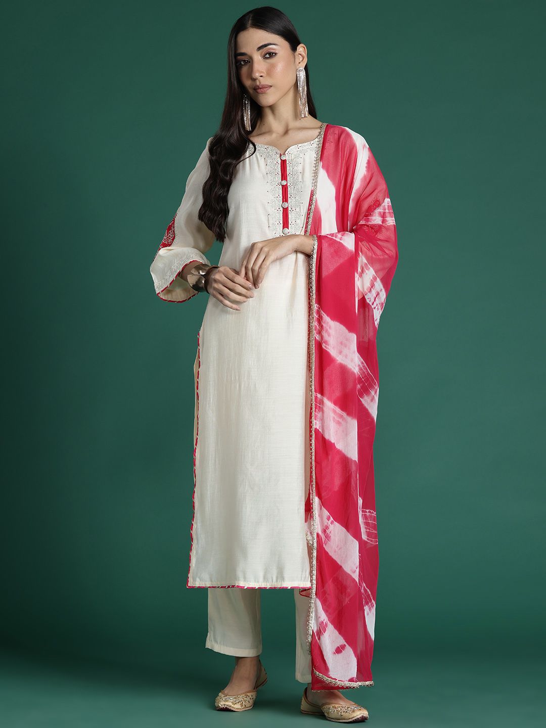 Dhiyona IE Ethnic Motifs Yoke Design Zari Kurta with Trousers & Dupatta