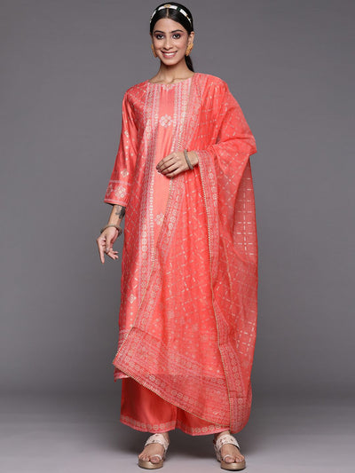Indyancart IE Women Orange Ethnic Motifs Printed Liva Kurta with Trousers & With Dupatta