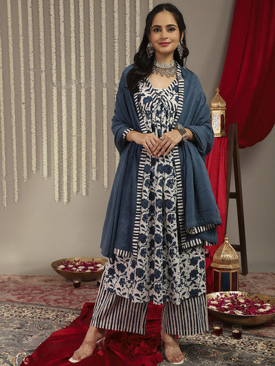 Indyancart VA Women'sFloral Printed Kantha Work Pure Cotton Kurta With Palazzos & Dupatta