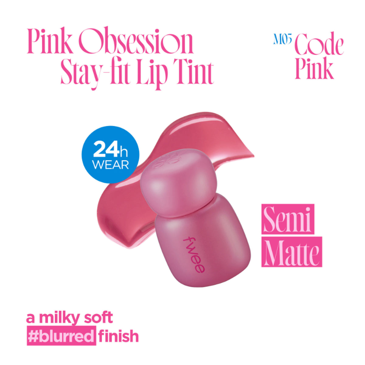 fwee Pink Obsession Stay-Fit Lip Tint in M05 Code Pink with glowy finish, showing the vibrant pink lip tint on lips.
