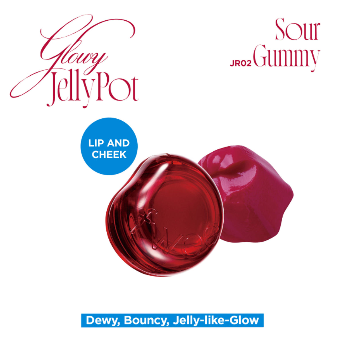 fwee Lip & Cheek Glowy Jelly Pot in Sour Gummy, a multi-use dewy lip and cheek tint balm with a jelly texture and vibrant color.