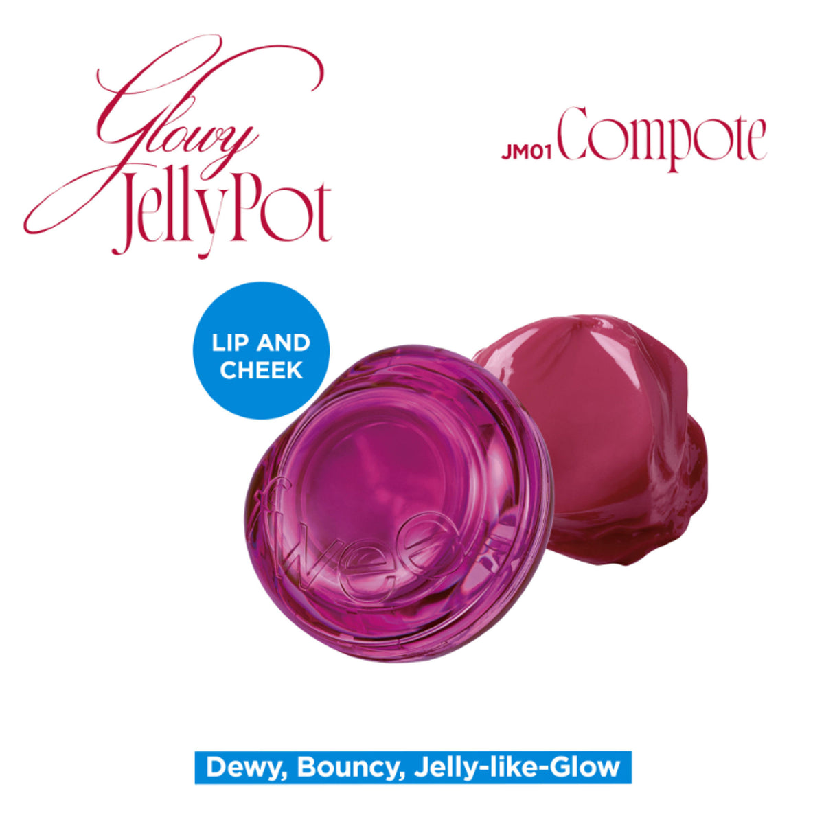 fwee Lip&Cheek Glowy Jelly Pot with dewy, multi-use tint balm in compote shade, showcasing the glossy, vibrant lip and cheek color.