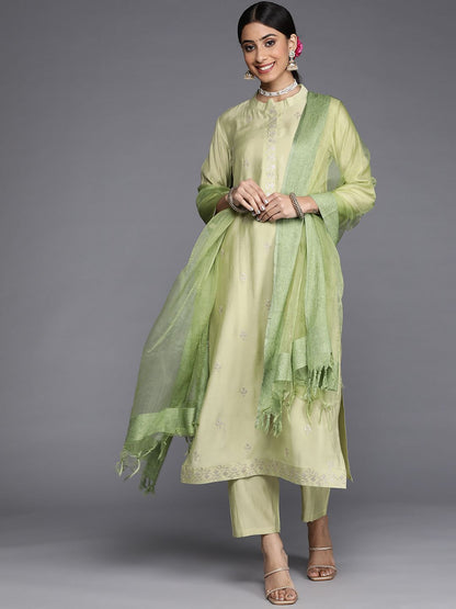 Indyancart VA Women's Green Embroidered Empire Kurta with Trousers & With Dupatta