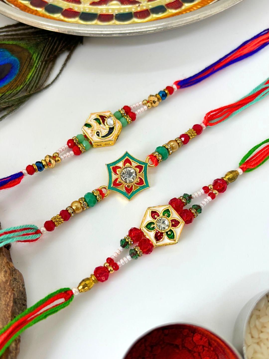 Anouk 3 pcs Meenakari Kundan Traditional Handmade Rakhi for Brother
