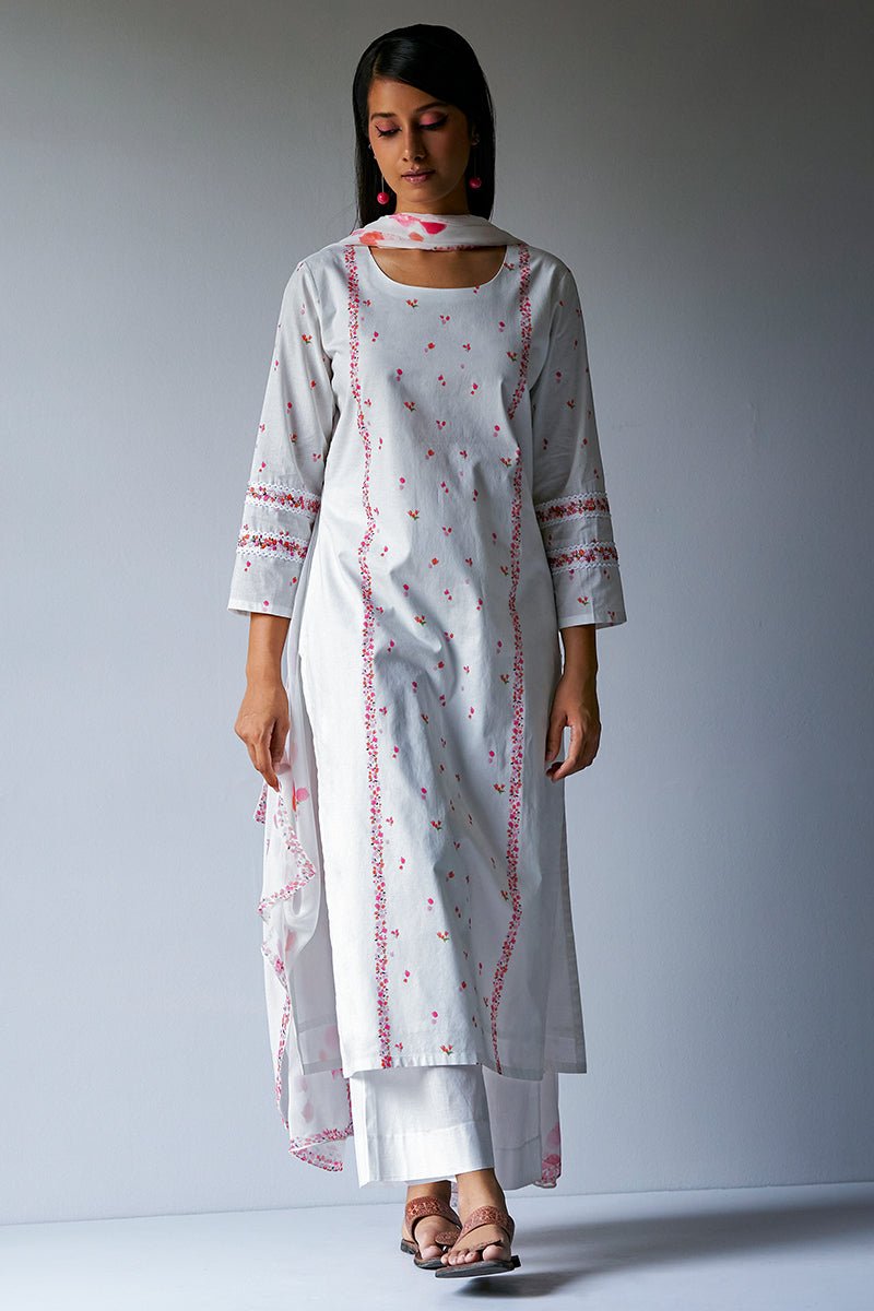 Women's White Bougainvillea Cotton Printed Salwar Suit With Embroidery and Lace Detailing on Sleeves