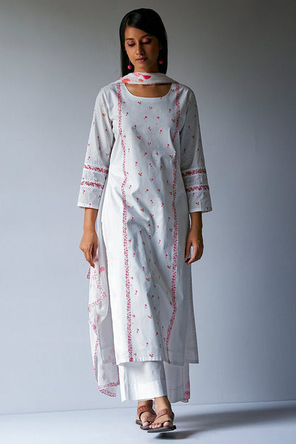 Women's White Bougainvillea Cotton Printed Salwar Suit With Embroidery and Lace Detailing on Sleeves