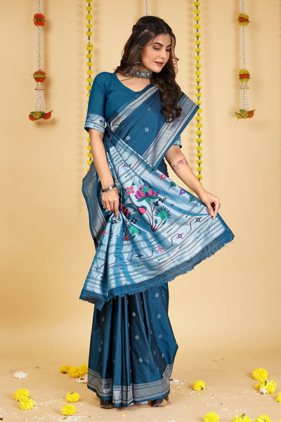 Indyancart GR Women's Mastani Teal Zari Paithani Silk Saree