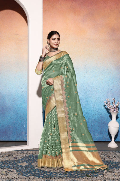 Indyancart GR Women's Kalki Sea Green Tissue Cotton Silk Saree