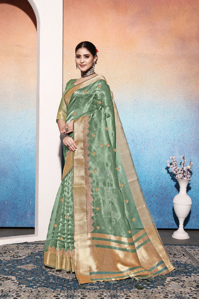 Indyancart GR Women's Kalki Sea Green Tissue Cotton Silk Saree