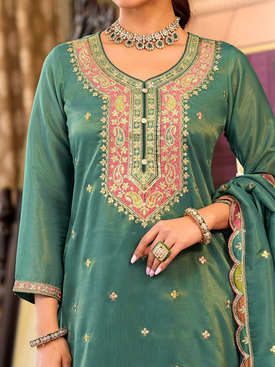 Dhiyona IE Floral Embroidered Sequinned Straight Kurta With Palazzos & Dupatta