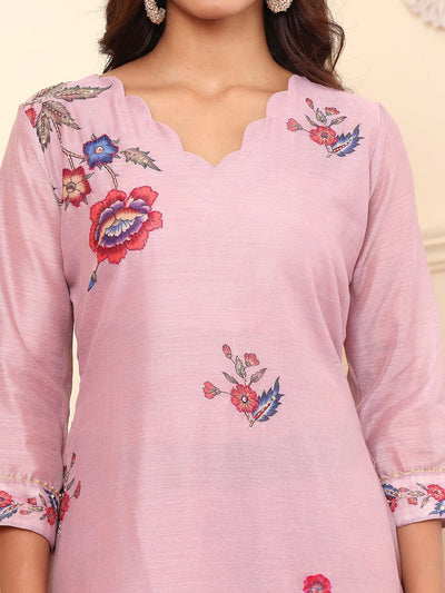 Indyancart VA Women'sFloral Embroidered Chanderi Silk Straight Kurta With Trouser & Dupatta