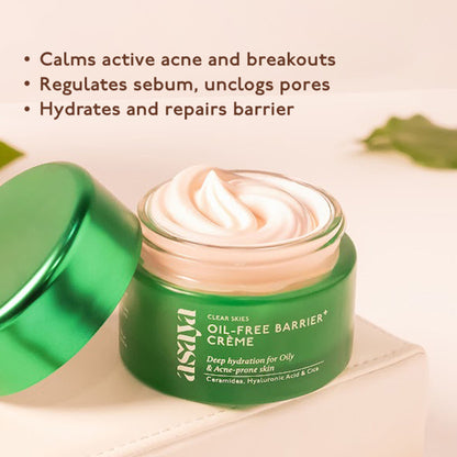 Asaya salicylic acid and ceramide moisturizer for oily, acne-prone skin, showing the face and product packaging.