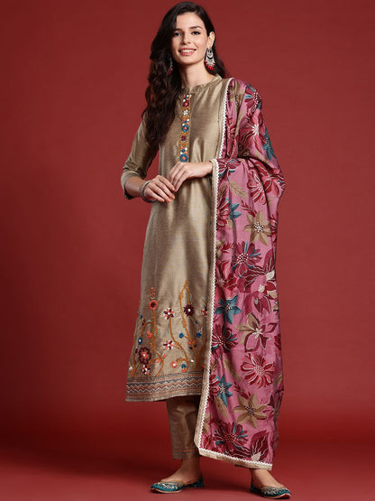 Indyancart IE Floral Embroidered Thread Work Kurta with Trousers & With Dupatta