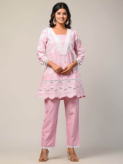 Indyancart IE Embroidered Square Neck Pure Cotton Tunic With Trouser