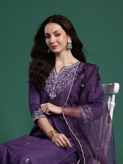 Indyancart IE Paisley Embroidered Kurta with Trousers & Dupatta