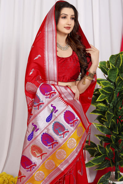 Indyancart GR Women's Chandramukhi Red Zari Paithani Silk Saree