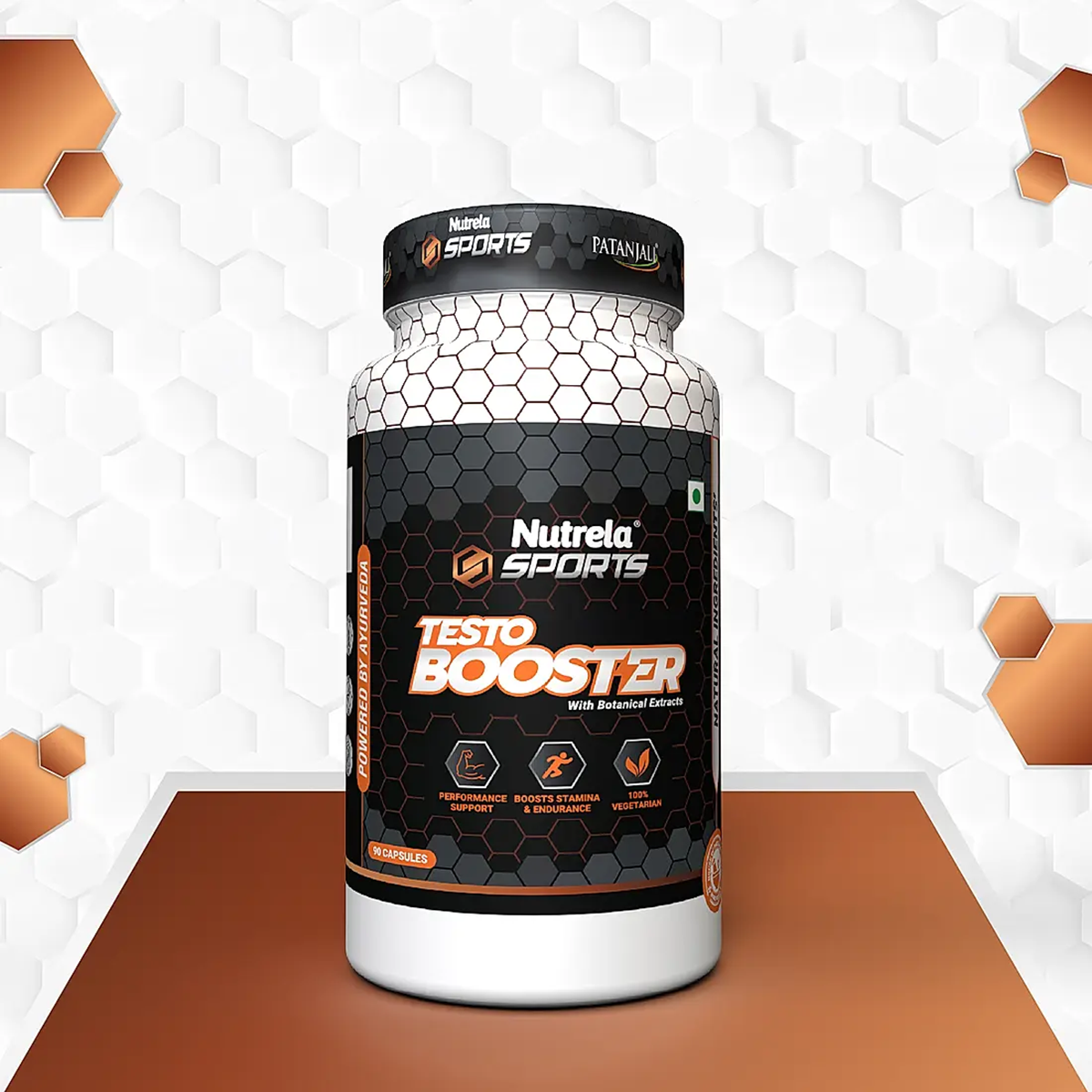Patanjali Nutrela Sports Testobooster Ayurvedic powder in a jar, natural herbal supplement for testosterone support