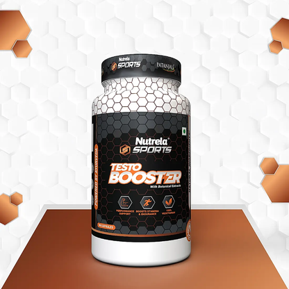 Patanjali Nutrela Sports Testobooster Ayurvedic powder in a jar, natural herbal supplement for testosterone support