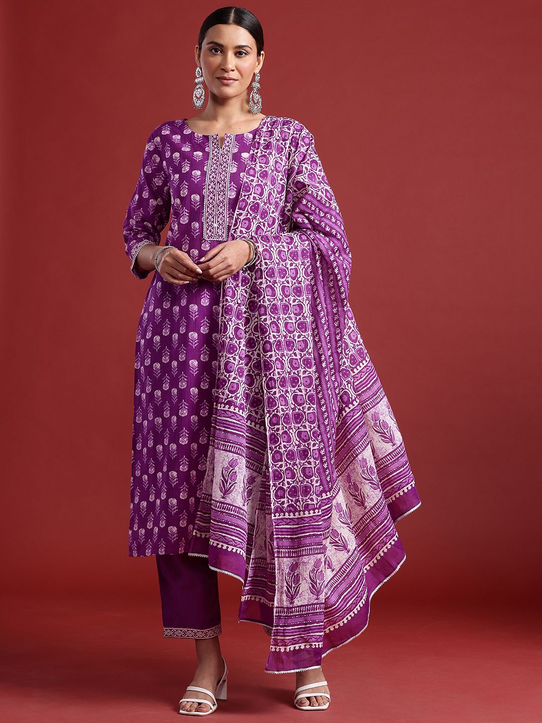 Indyancart IE Floral Printed Mirror Work Pure Cotton Kurta With Trousers & Dupatta