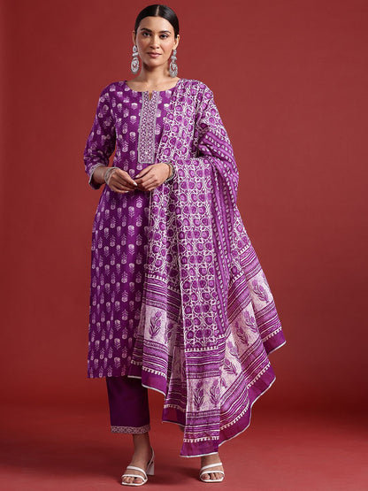 Indyancart IE Floral Printed Mirror Work Pure Cotton Kurta With Trousers & Dupatta